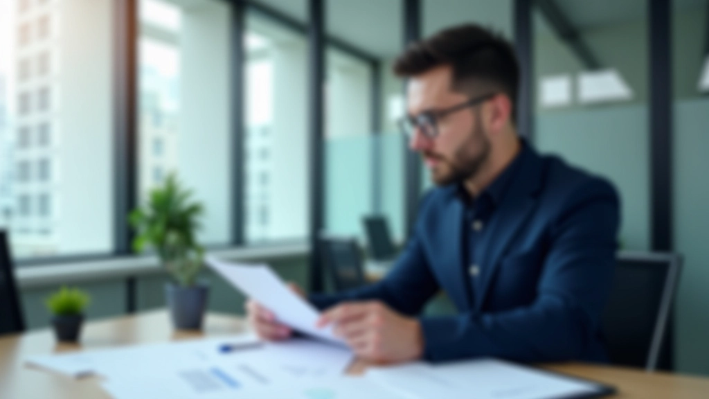 Professional accountant reviewing financial reports and compliance documents at organized desk