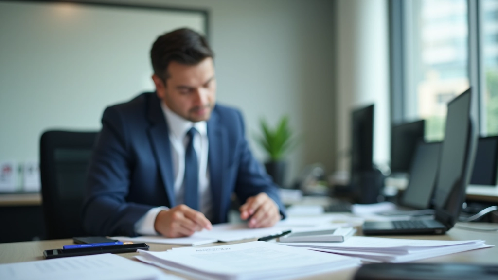 Business owner sitting at desk reviewing printed financial reports and account statements with organized binder system