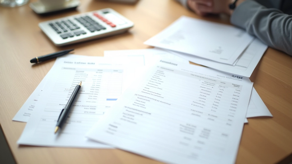 Close-up of financial documents, invoice papers, and calculator arranged on wooden desk surface