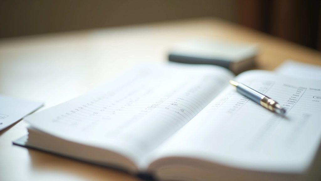 Open ledger book with columns and numbers, pen beside it on wooden desk