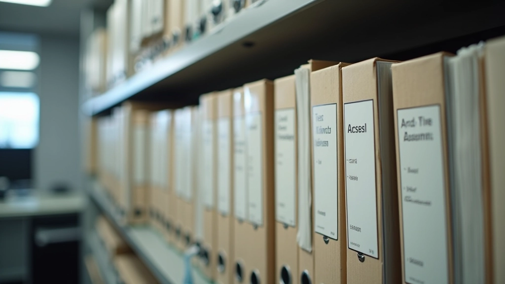 Organized file folders and accounting binders on shelf with labels visible