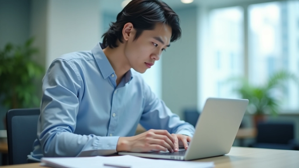 Business owner recording transaction details in accounting software on laptop screen, focused expression