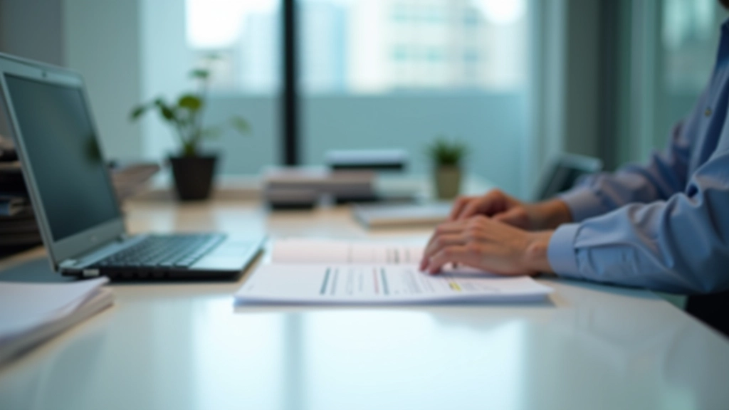 Person working at desk with calculator, journal notebook, and financial documents spread out