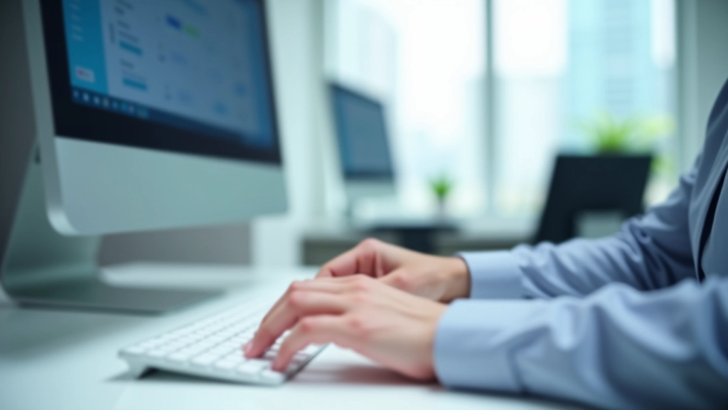 Accountant typing on keyboard with accounting software interface visible on monitor displaying chart of accounts