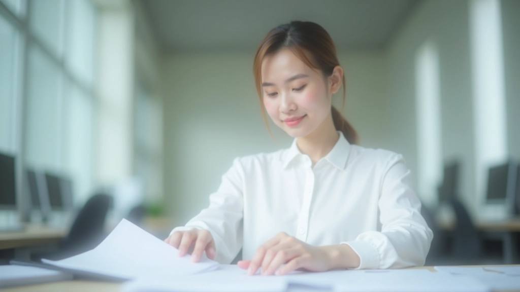 Business person reviewing accounting records at desk